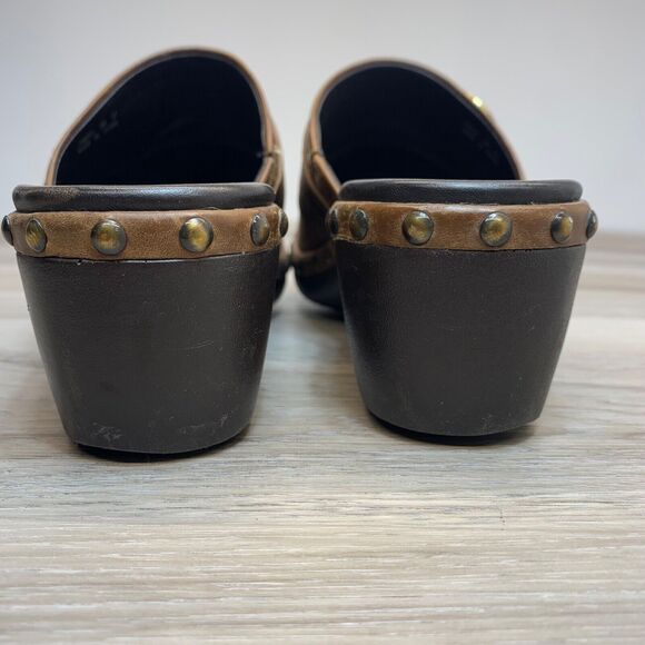 Ecco Leather Studded Slip On Size 6 EU 37 Mules Clogs Chunky Strap Boho Brown - Picture 4 of 14
